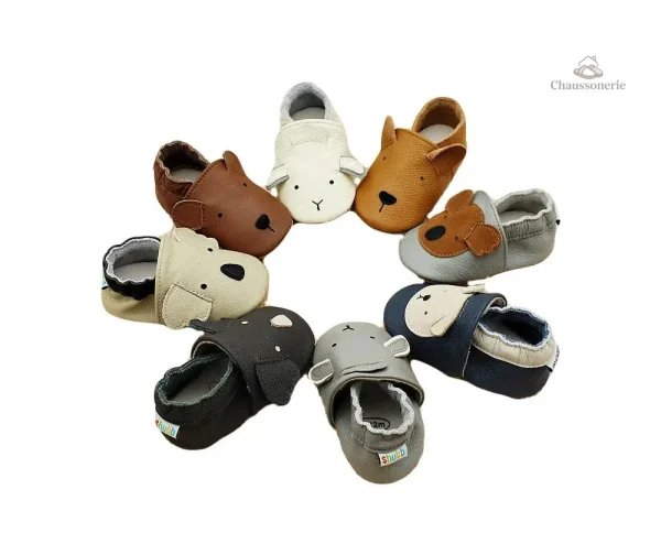Chausson cuir bébé avec dessins d'animaux