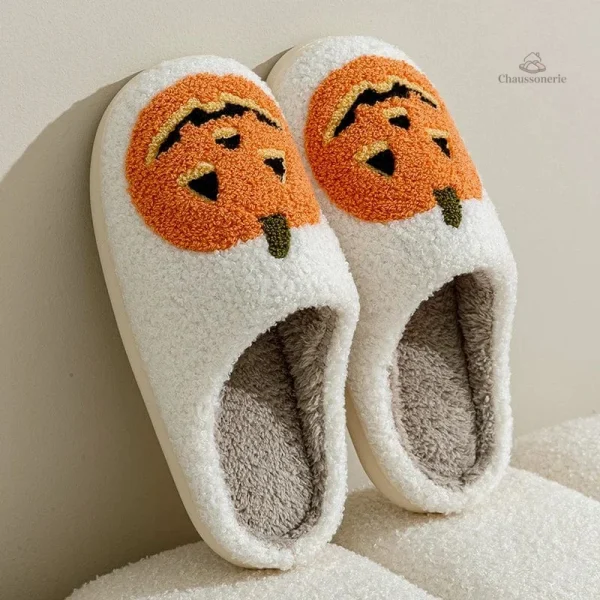Chausson femme blanc avec design fantaisie Citrouille