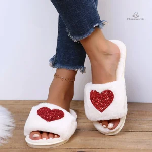 Chausson mule ouverte femme cœur pailleté